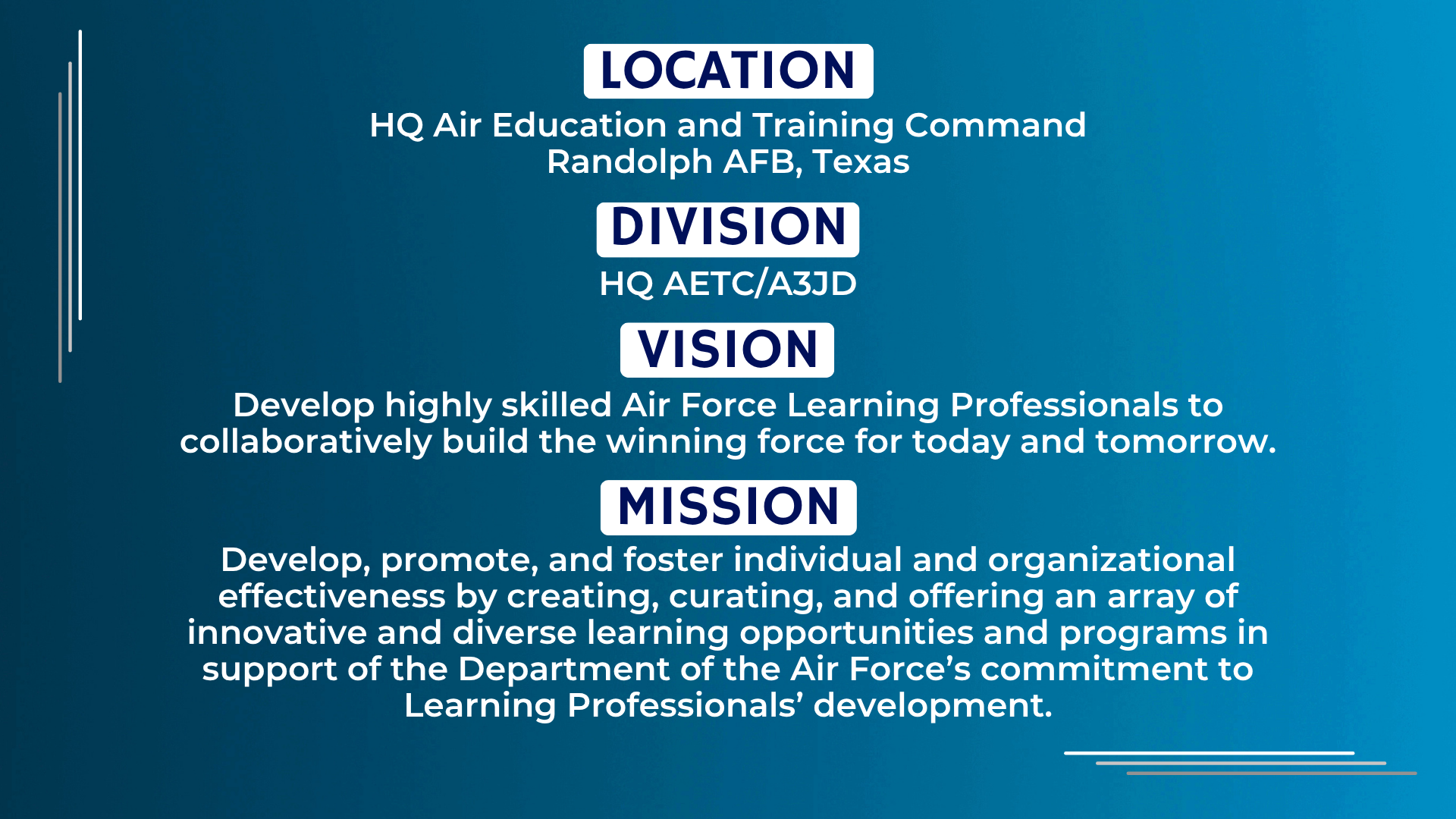 Card with AETC/A3BP location, division, vision, and mission text 